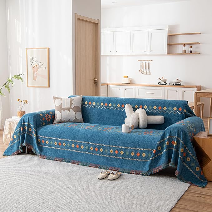 DREAMINGO Boho Couch Covers for Sectional Sofa Chenille 3-Seater Sofa Covers Washable Anti Slip Geometric Jacquard Couch Cover Blanket for Living Room, Blue, 71"x150"