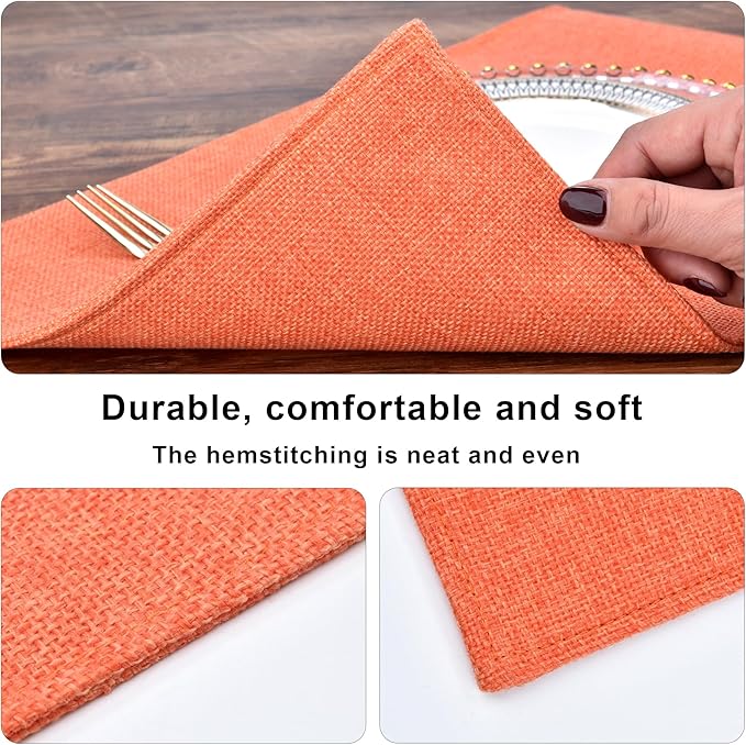 SLKQG Thanksgiving Linen Fabric Placemats Set of 4 - Heat Resistant & Machine Washable Table Mats for Holiday Dining, Double-Layered Placemats for Family Gatherings (4, Orange)