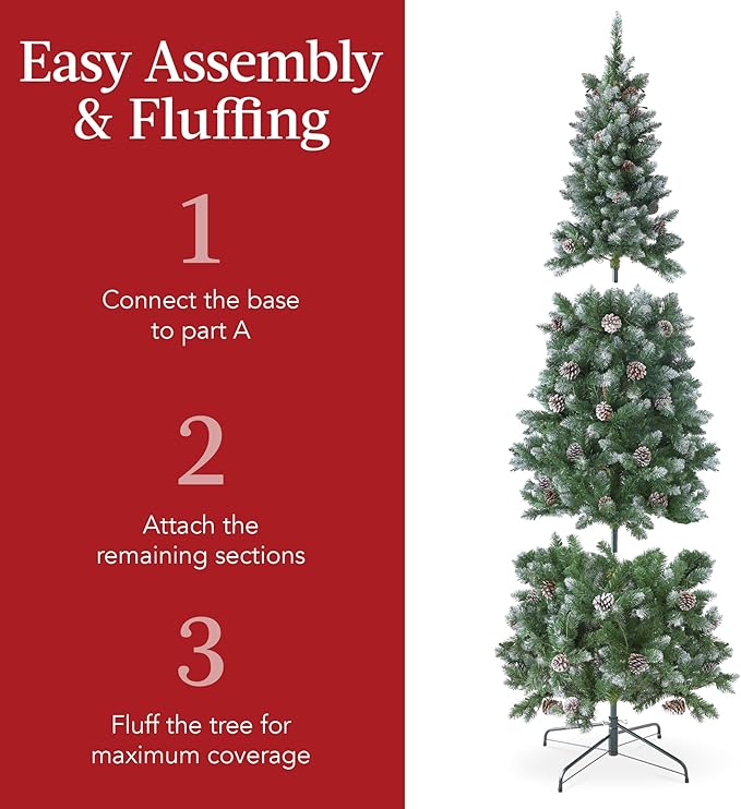 Best Choice Products 7.5ft Pre-lit Pencil Christmas Tree, Partially Flocked & Frosted Slim Holiday Tree Decoration, Skinny Xmas Tree, 350 Lights, 1,075 Frosted Tips, 64 Pine Cones, Foldable Stand