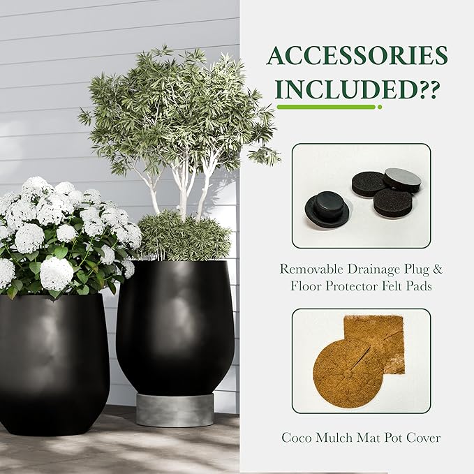 DTY Signature Mount Wilson Modern Indoor Outdoor Fiberstone Tapered Planter, Lightweight, Weather Resistant Garden Pot with Drainage Hole & Rubber Plug, Planter for Christmas Decor - Black, Medium