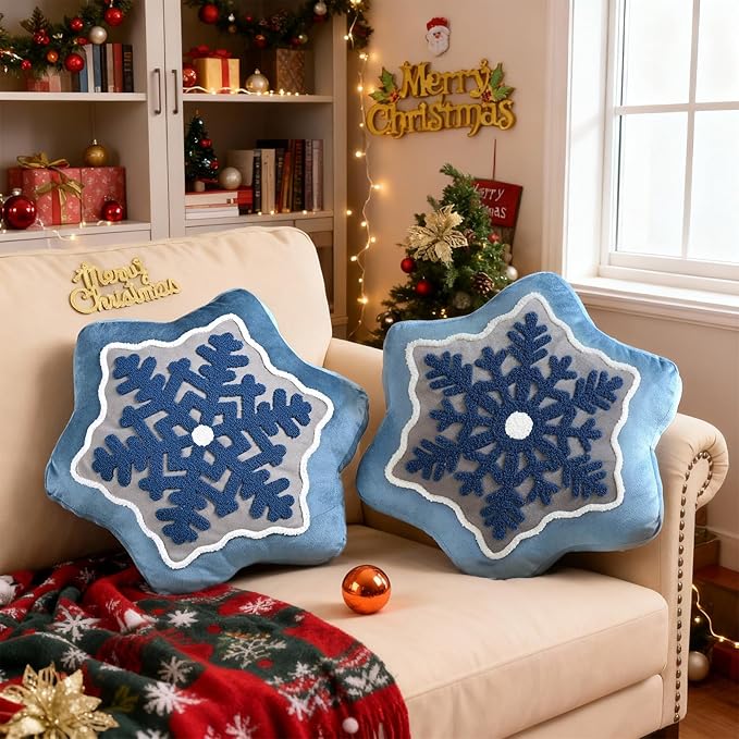 Lanpn Christmas Snowflake Pillows Set of 2, Christmas Decoration Winter Throw Pillows Decorative Throw Cushion for Sofa Living Room Bedroom Xmas Decor (17x17 inch, Blue)