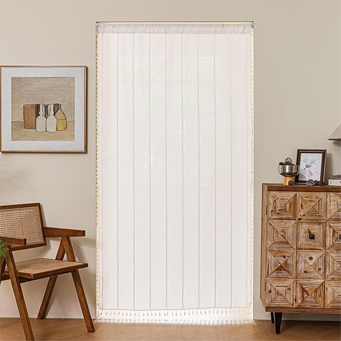 Sutuo Home Door Curtains for Doorway, Light Filtering Curtains Privacy Bohemian Embroidery Drape Decor for Temporary Room Dividers Bedroom Living Room, Rod Pocket 1 Panel 37" W x 80" L, White