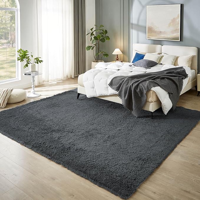 Floralux 8x10 Rugs for Bedroom, Dark Grey, Large Area Rug for Living Room, Soft Fluffy Shag Carpet