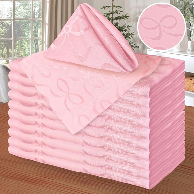 Pink Bow Napkins (18"x18"), Table Napkins Cloth Set of 12 - Cotton & Polyester Blended, Wrinkle/Fade Resistant - Reusable Napkins Washable, Luxury Jacquard Napkins for Engagement Party & Wedding