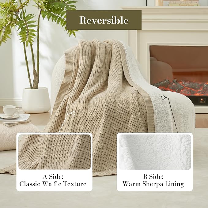 Amélie Home Reversible Waffle Weave Throw Blanket, Chenille Knit with Warm Sherpa, Soft Cozy Blanket for Bed, 60"x80", Beige