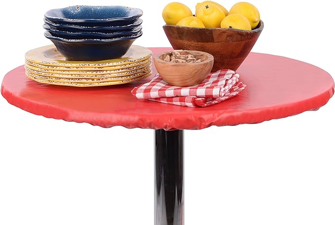 Yourtablecloth Heavy Duty Vinyl Round Fitted Tablecloth (Table Cover) with Flannel Backing Vibrant Colors Elasticized Tablecloth Great for Indoor and Outdoor Dining and Playing Cards 48” Ruby Red