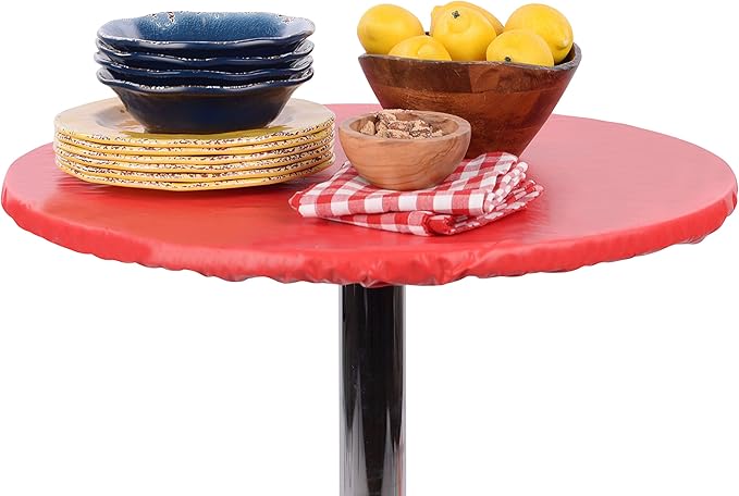 Yourtablecloth Heavy Duty Vinyl Round Fitted Tablecloth (Table Cover) with Flannel Backing Vibrant Colors Elasticized Tablecloth Great for Indoor and Outdoor Dining and Playing Cards 36” Black
