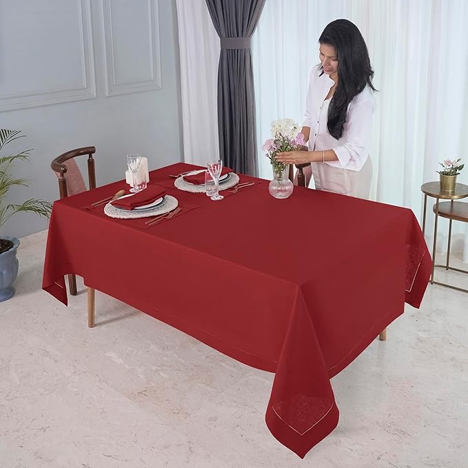 D'Moksha Homes Red Linen Tablecloth 60 x 156 Inch - 100% Pure Linen Red Tablecloth for Rectangle Tables - Classic Hemstitch, Machine Washable Table Cloth for Fall, Thanksgiving, Christmas, Holiday