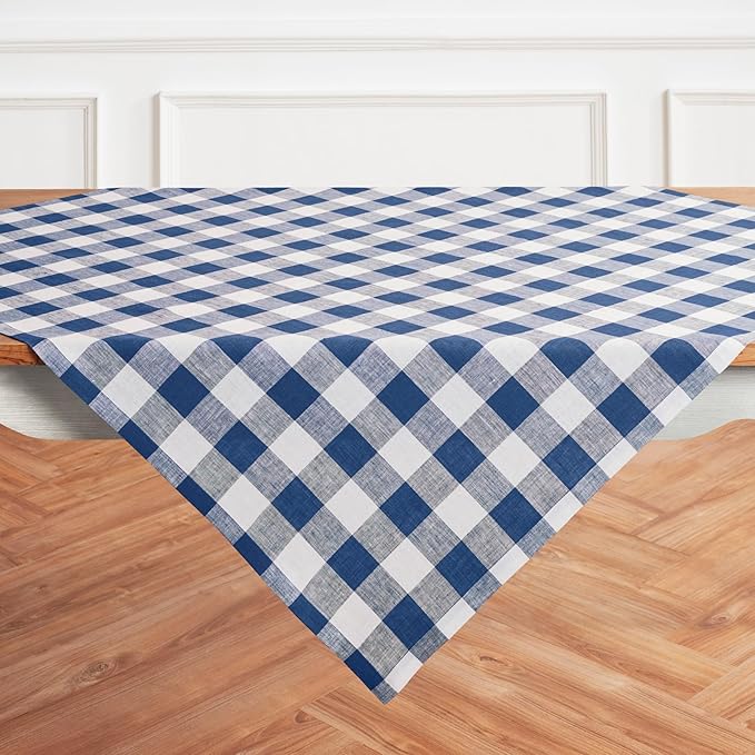 Solino Home Linen Checkered Tablecloth 52 x 52 Inch - 100% Pure Linen Blue and White Buffalo Plaid Square Tablecloth - Machine Washable Table Throw