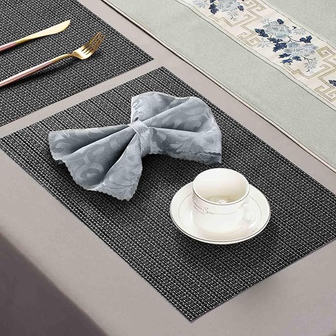 AHHFSMEI Placemats for Dining Table Set of 8 Woven Vinyl Plastic Place Mats Non-Slip Heat Insulation Stain Resistant Table Mats Washable Easy Clean Placemats (Black Silver 8)