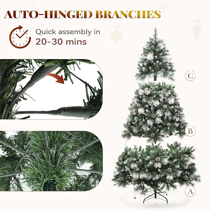 YITAHOME 7.5ft Prelit Scotch Pine Christmas Tree with Remote Control, Pre-Decorated Frosted Christmas Tree with Pine-Cones & Needles, Warm White/Multicolor Changing Lights for Home/Office