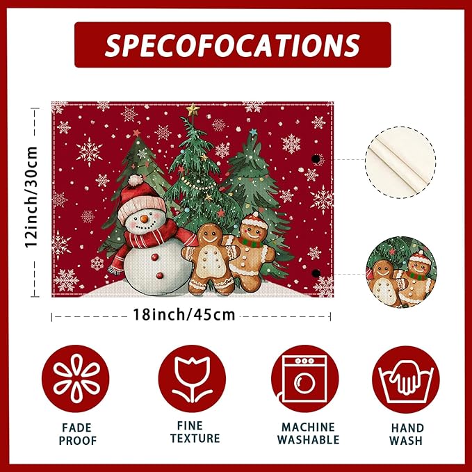 XCHI Winter Red Snowman Gingerbread Man Christmas Tree Xmas Placemats Set of 6 Table Mats for Party Home Kitchen Dining Table Decorations 12x18 Inch