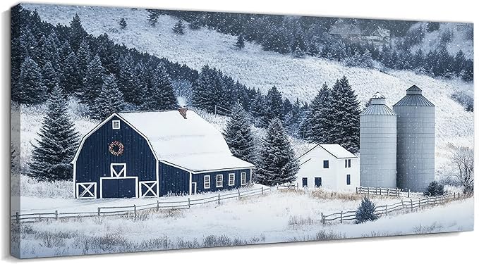 GUTTATY Christmas Winter Scene Canvas Wall Art, Barn Snow Farm Landscape Canvas Prints, Holiday Pictures Artwork, Blue White Country Wall Decor Poster for Living Room, Bedroom, Farmhouse, 32x16 Inch