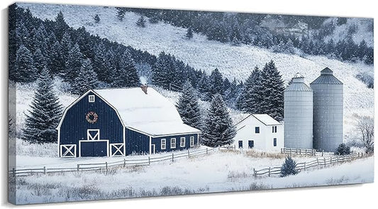 GUTTATY Christmas Winter Scene Canvas Wall Art, Barn Snow Farm Landscape Canvas Prints, Holiday Pictures Artwork, Blue White Country Wall Decor Poster for Living Room, Bedroom, Farmhouse, 40x20 Inch