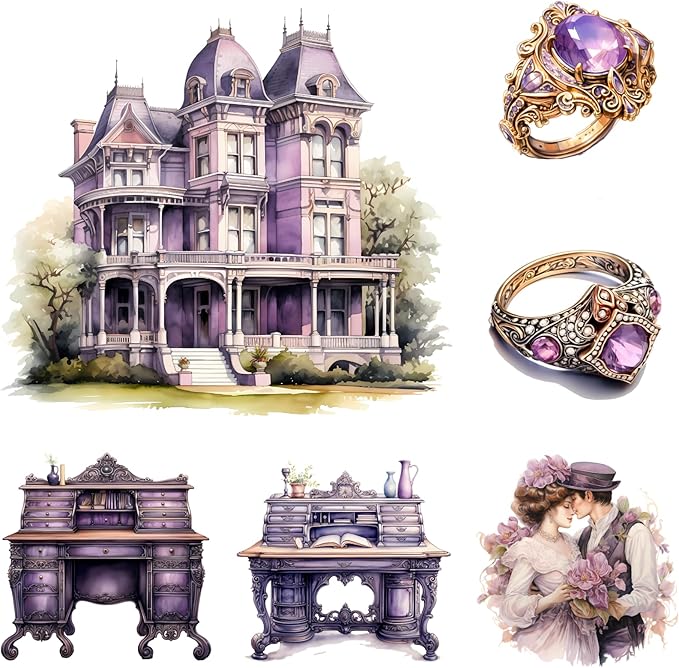 XERE 72 Pcs Purple Victorian Era Scrapbook Stickers Set, Aesthetic Sticker for Scrapbooking and Journaling, Junk Journal Supplies, Bullet Journals Materials, Planner Arts Craft Collage Supplies