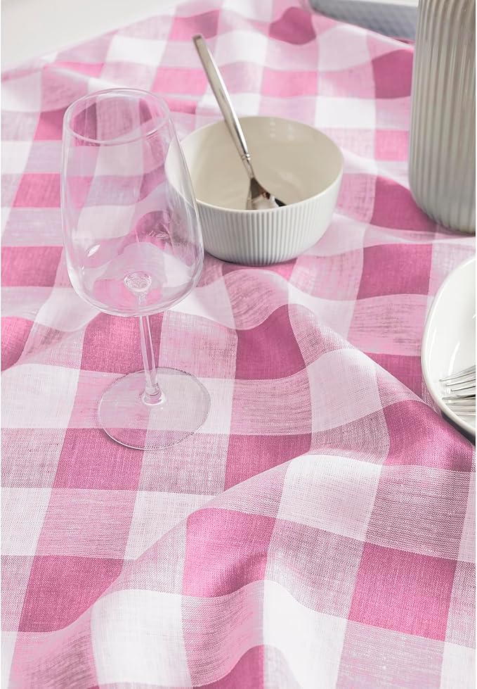 Solino Home Linen Checkered Tablecloth 60 x 90 Inch - 100% Pure Linen Pink Begonia Buffalo Plaid Table Cloth for Rectangle Tables - Machine Washable Tablecloth
