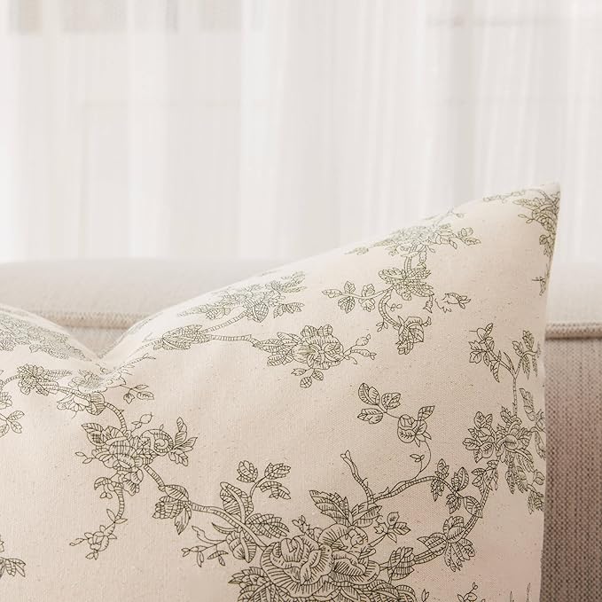 100% Cotton French Pastoral Throw Pillow Covers Set of 2, 24x24 Inch Double Sided/Green, Farmhouse Decorative Cushion Covers for Sofa Bed Living Room Home Decor