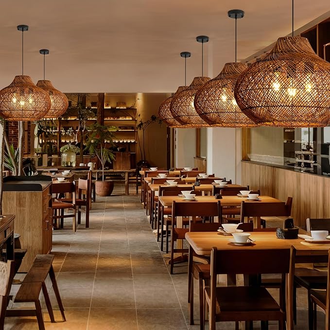 Boho Rattan Pendant Lights 18.9IN Hand-Woven Wicker Chandelier Rattan Basket Ceiling Hanging Light Fixtures for Dining Room Kitchen Island Living Room Entry Hallway Reataurant