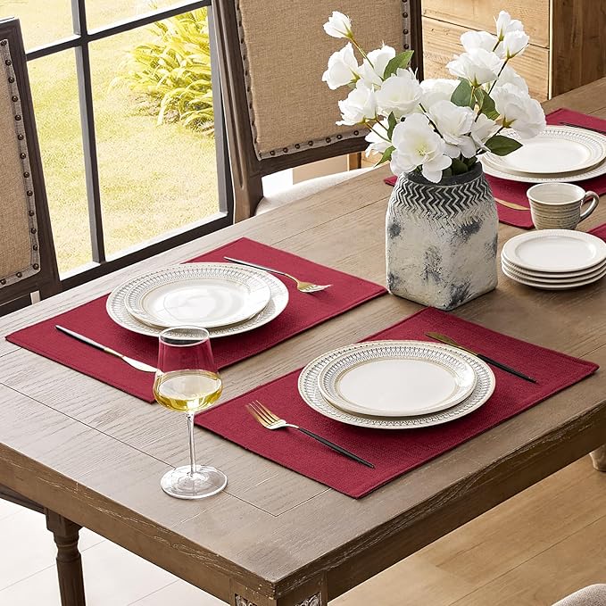 Romanstile Cloth Placemats Set of 4-12 x 18 Inch, Heat Resistant Double Layered Thickened Burlap Christmas Place Mats, Washable Faux Linen Farmhouse Table Mats for Kitchen/Dining/Party/Outdoor, Red