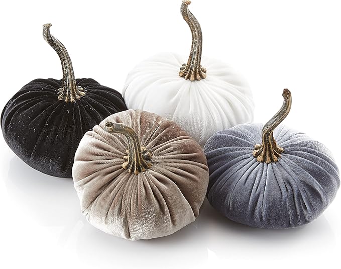 Your Heart's Content Velvet Pumpkin Set of 4, Autumn Accent, Fall Halloween, Thanksgiving tablescape, Tiered Tray Centerpiece Decor (Sm Gray Taupe Ivory Black)