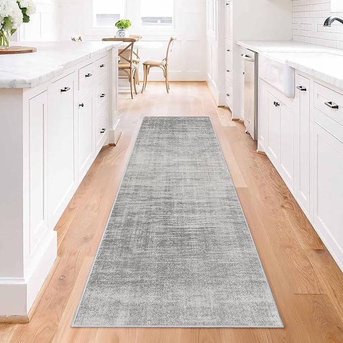 Enkor Runner Rugs for Hallway, 2x8 Washable Soft Non Slip Abstract Rugs for Kitchen, Modern Mat for Entryway Living Room Bedroom Light Grey