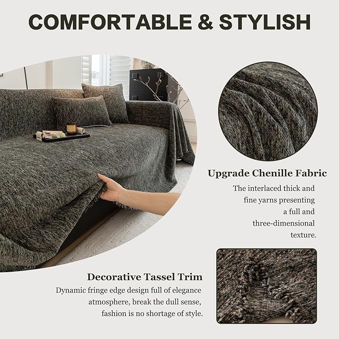 DREAMINGO Thickened Chenille Couch Cover 71x150 Inch Washable 3-Seater Sofa Covers Living Room Sectional Couch Slipcovers Modern Furniture Protector with Tassel, Black Grey
