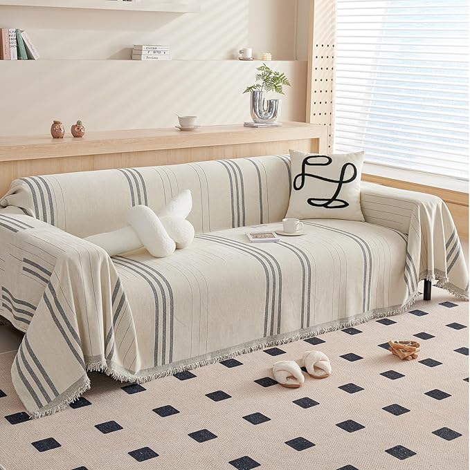 DREAMINGO Couch Cover Reversible Chenille Furniture Protector Sofa Covers for Dogs Pets Beige Grey Couch Cover for 3 Cushion Couch Sofa Vertical Stripe Jacquard Sofa Slipcover Sectional, 71"x150"