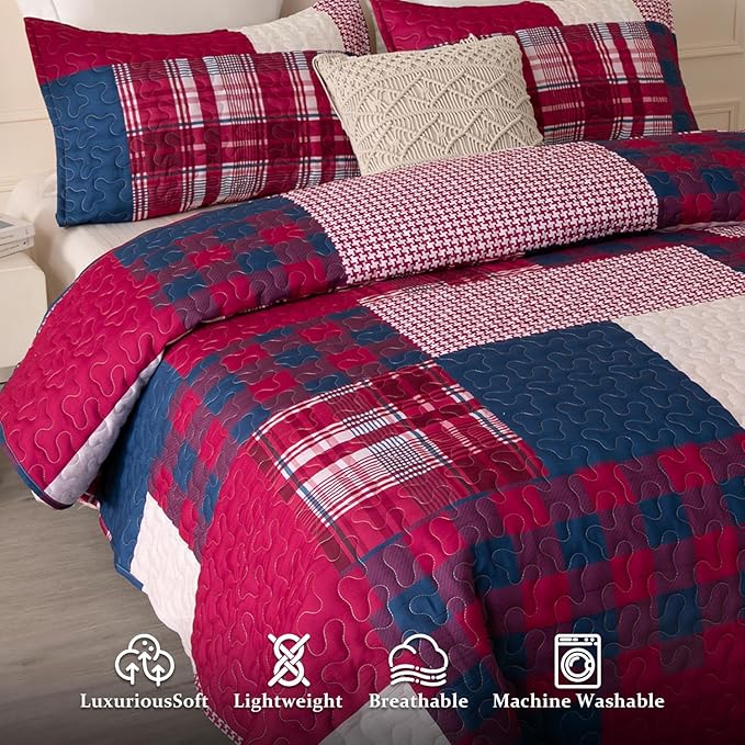 DURLENGEN White Quilt Set 3Pcs, Rustic Stonehurst Collection with Red & Navy & White Patchwork Pattern, All Season Lightweight Coverlet Sets(California King 112x104, Red Patchwork)