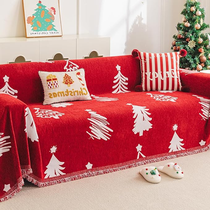hyha Couch Cover for Dogs, Boho Sofa Covers for 3 Cushion Couch Washable, Chenille Sofa Slipcover for Pets, Loveseat Sectional Couch Throw Blanket with Tassels(Red Christmas Tree, 88.5x118 Inch)