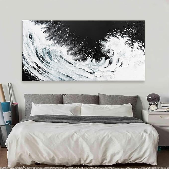 TAIJXAGSG Abstract Wall Art Canvas Art Wall Decor For Living Room Decorations Large Black And White Abstract Wall Decor White Ocean Waves Wall Art For Home Bedroom Kitchen Office Artwork 29x58 Inch