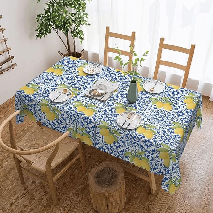 Blue Tiles Lemons Table Cloth for Dining Tables, Reusable Mexican Patchwork Tile Tablecloths Decoration Kitchen Summer Fruit Yellow Rectangle Table Cover for Holiday,Party,Picnic, 54x72Inch