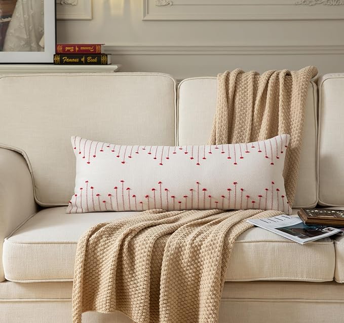 Caflife Christmas Lumbar Pillow Cover 14x36 Long Pack of 1 Decorative Pillows Bed, Beige with Red Body Throw Pillow Covers, for Modern Farmhouse Sofa Bedroom Living Room Home Decor Couch Pillowcase