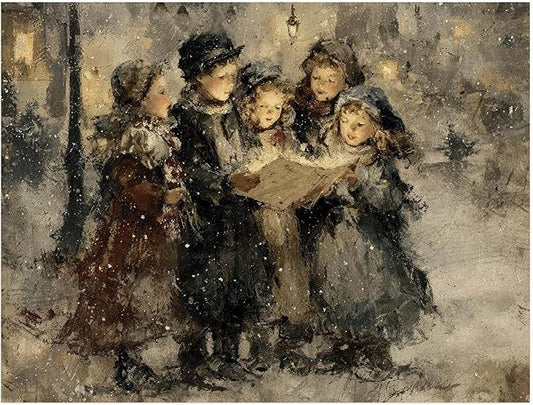 Victorian Christmas Carolers Poster,Moody Winter Print,Rustic Xmas Cottage Decor,Christmas Print