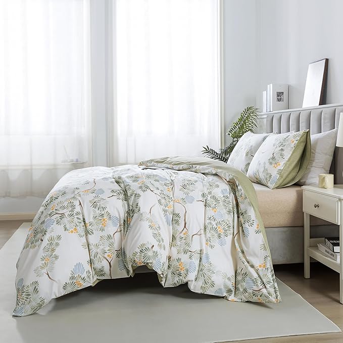 HoneiLife Duvet Dover King Size - 100% Cotton Comforter Cover Botanical Bedlinen Set with Zipper Closure & Corner Ties, 3-PC Forest Comforter Cover Sets