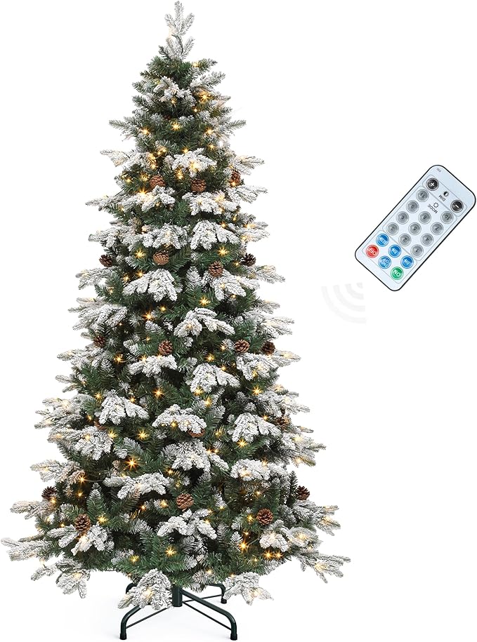 YITAHOME 6FT Prelit Christmas Tree with Remote Control, Hinged Artificial Pre-Decorated Tiered Flocked Christmas Tree w/ 900 PE & PVC Mixed Frosted Tips, 29 Pinecones, w/ 11 Lighting Modes & 3 Timers
