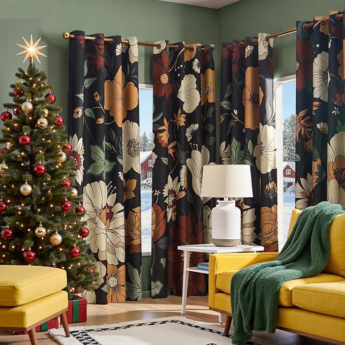 jinchan Lora Floral Curtains for Bedroom Blackout Drapes for Living Room Darkening Fabric Fall Decor Winter Vintage Flower Pattern Printed Window Curtains 84 Inches Length 4 Panels with Grommet Black
