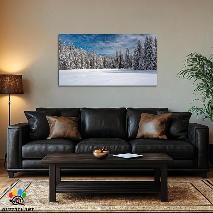 GUTTATY Christmas Winter Scene Canvas Wall Art, Snowy Forest Canvas Prints, Tranquil Blue Sky Wall Decor, Modern Poster Picture for Living Room, Holiday Wall Hanging Artwork, 24x12 Inch