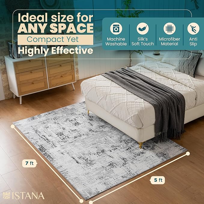 Istana 5x7 Area Rug - Grey Rugs for Living Room 5x7 - Foldable Rugs for Bedroom - Stain Resistant Washable Rug - Eco-Friendly Boho Area Rugs - Easy to Clean Living Room Rug