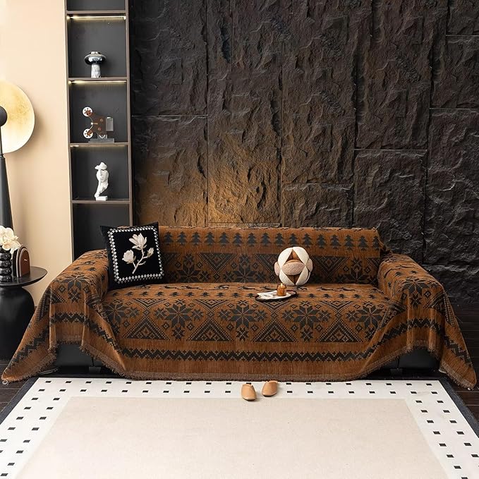 VClife Boho Couch Cover for Christmas 1 Piece Soft Warm Couch Cover for Sectional Sofa, Washable Pumpkin and Black Jacquard 3-Seaters Sofa Covers for Home Office RV 71"x150"