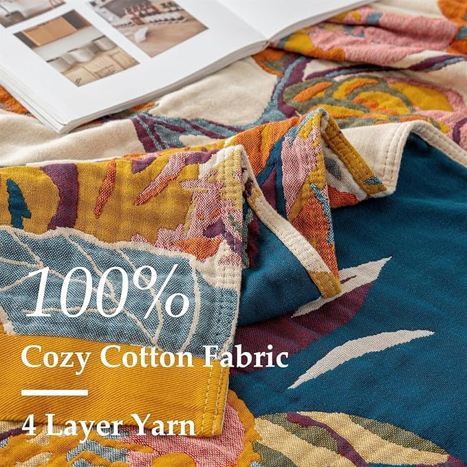 Queen Throw Blanket for Bed 100% Cotton Boho Ultra Soft Quilt Butterfly and Floral Double Embroidery Fall Queen Bed Blanket Bedspread,90"x 90" All Season Blankets for Bedding Couch