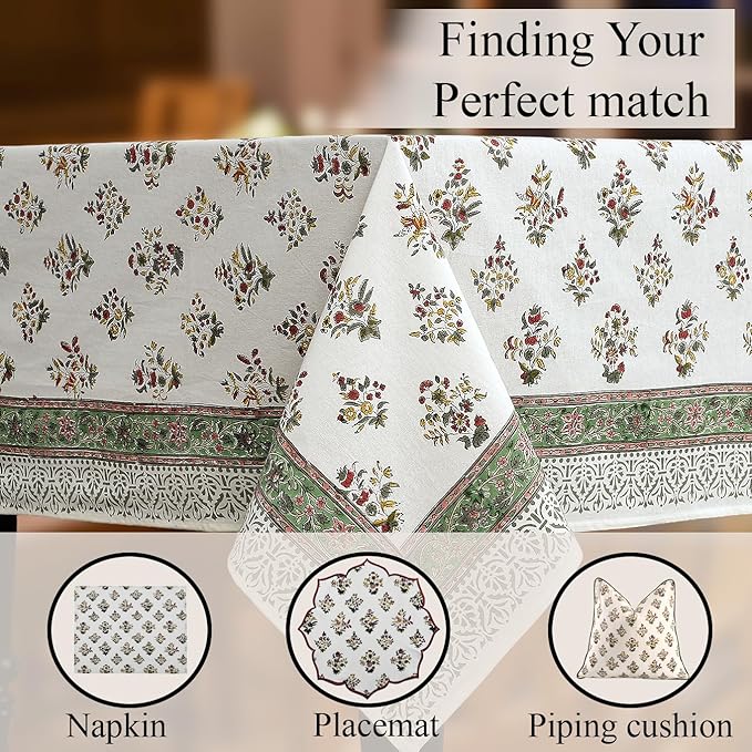CPC Tablecloth 100% Cotton 60x60 Inch Indian Block Print Square Table Cover, Table Cloth for Weddings, Spring/Summer, Barbeque - Forest Green