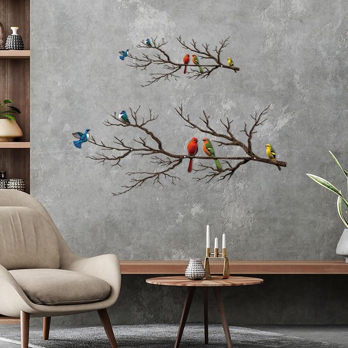 Metal Birds Wall Art, Metal Vivid Birds on Branch Silhouette Wall Decor Black Leaves with Bird Outdoor Hanging Wall Sculpture for Home Balcony Garden (Vintage Color, Small)