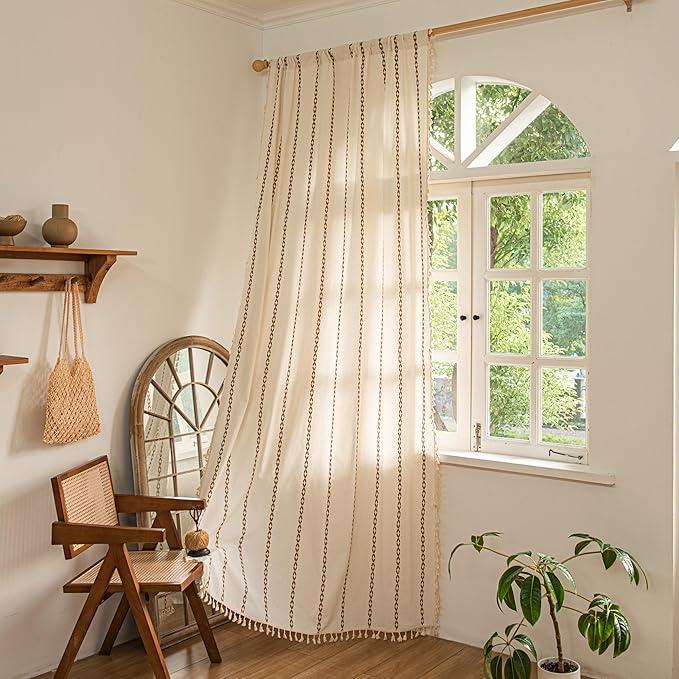Sutuo Home Boho Farmhouse Curtains 72 Inches Long for Living Room Bedroom Bohemian House Drapes Country Style, Textured Stripe Embroidery Privacy, White and Coffee 1 Panel W52 x L72