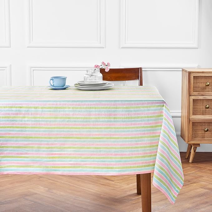 Solino Home Linen Tablecloth 60 x 108 Inch - 100% Pure Linen Multicolor Palm Beach Stripe Table Cloth for Rectangle Tables - Machine Washable Tablecloth