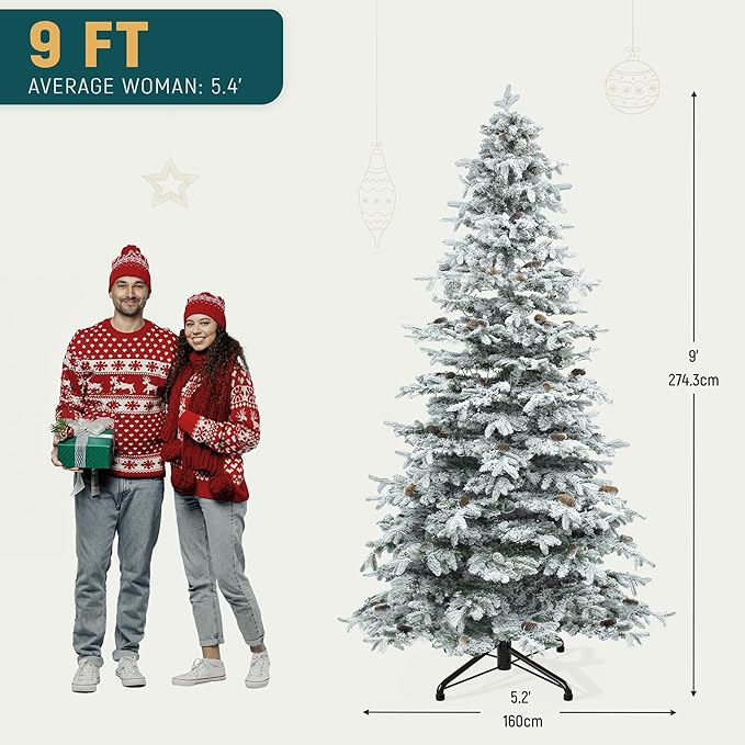 YITAHOME 9FT Prelit Flocked Christmas Tree w/Remote, Pre-Decorated Mountain Pine Hierarchical Tower Flocked Xmas Tree w/ 1818 Tips, 80 Pine Cones, 820 Lights & 11 Modes for Home, Party Decoration