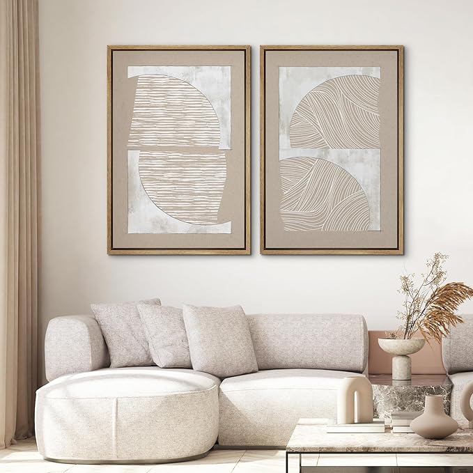 SIGNWIN Framed Canvas Print Wall Art Set Grunge Tan White Art Deco Polygons Abstract Shapes Illustrations Minimal Decorative Nordic Zen Bohemian for Living Room, Bedroom, Office - 24"x36"x2 Natural