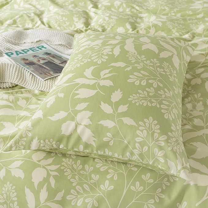 HoneiLife Wildflower Duvet Cover Queen - 100% Cotton Comforter Cover Sets, 3-PC Comfortable Floral Duvet Cover Sets, Soft & Breathable Duvet Cover with Zipper Closure & Corner Ties, Vibrant Green