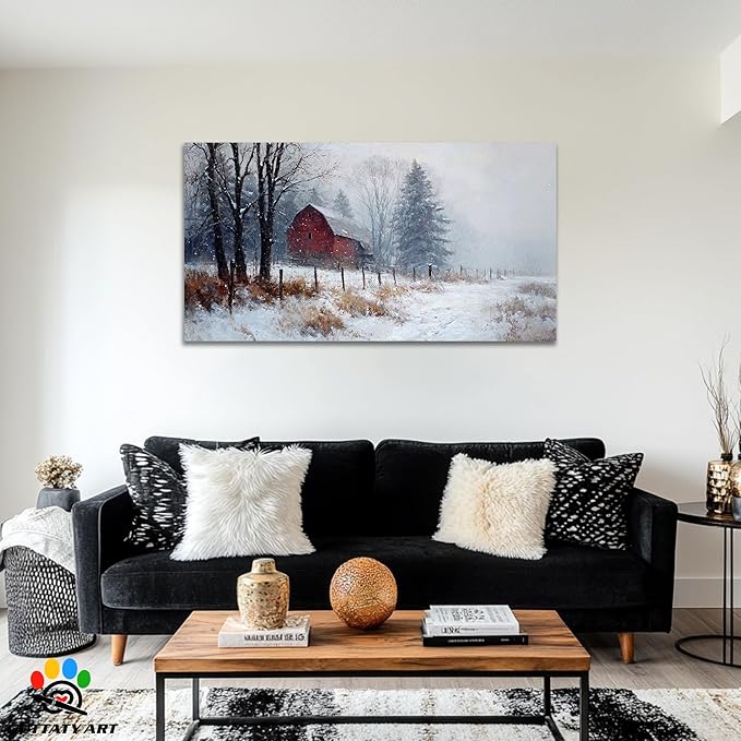 GUTTATY Christmas Winter Scene Canvas Wall Art, Rustic Red Barn Canvas Prints, Snowy Landscape Wall Artwork, Holiday Wall Decor Poster, Cozy Winter Pictures for Living Room, Bedroom, 32x16 Inch