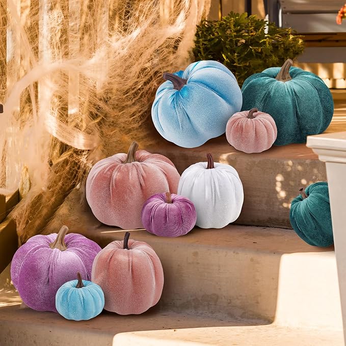 12 Pcs Artificial Velvet Fake Pumpkins Sets Halloween Thanksgiving Wedding Handmade Foam Autumn Centerpiece Kitchen Decoration Light Pink
