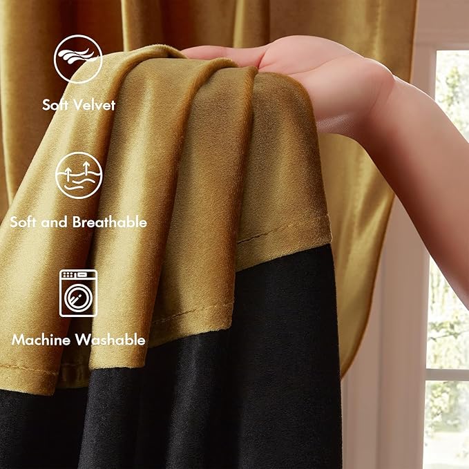 Velvet Curtains 108 inches Long for Living Room Gold Black,2 Panels Blackout Curtains Modern Color Block Back Tab Rod Pocket Soundproof Drapes for Bedroom Window Decor